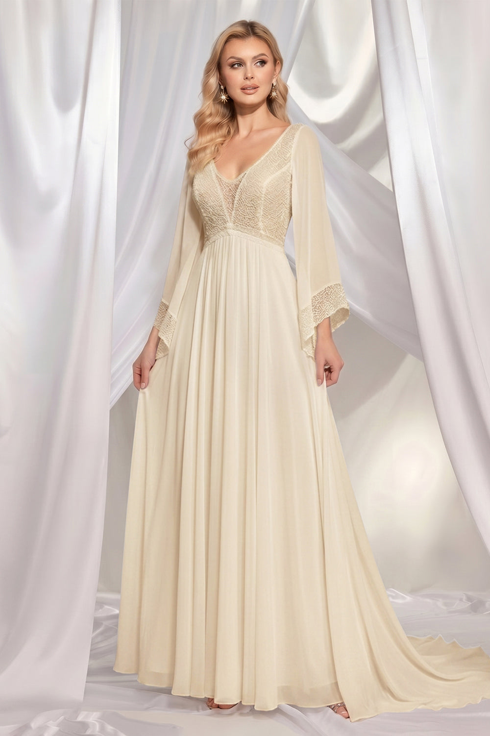 Boho Bell-Sleeve Lace and Chiffon A-Line Wedding Dress