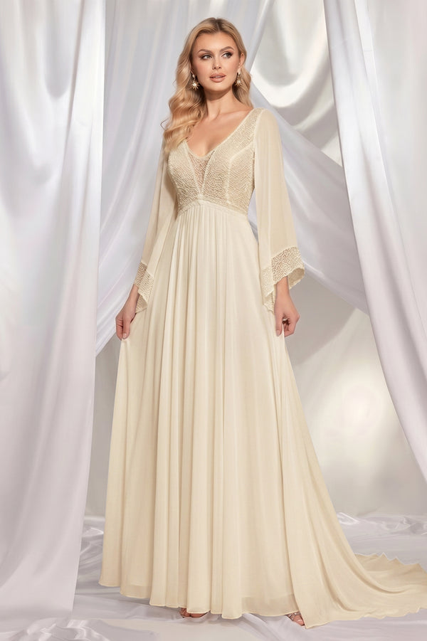White Boho Bell-Sleeve Lace and Chiffon A-Line Wedding Dress