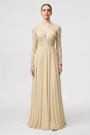 Open-Back Long-Sleeve Lace and Chiffon A-Line Wedding Dress