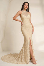 High Neck Sheath/Column Backless Lace Boho Wedding Dress with Long Train