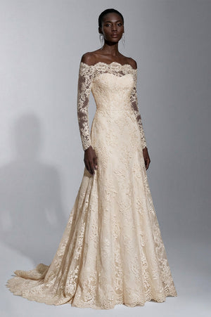 Ivory Off-the-Shoulder Long-Sleeve Lace Wedding Dress with Scalloped Train