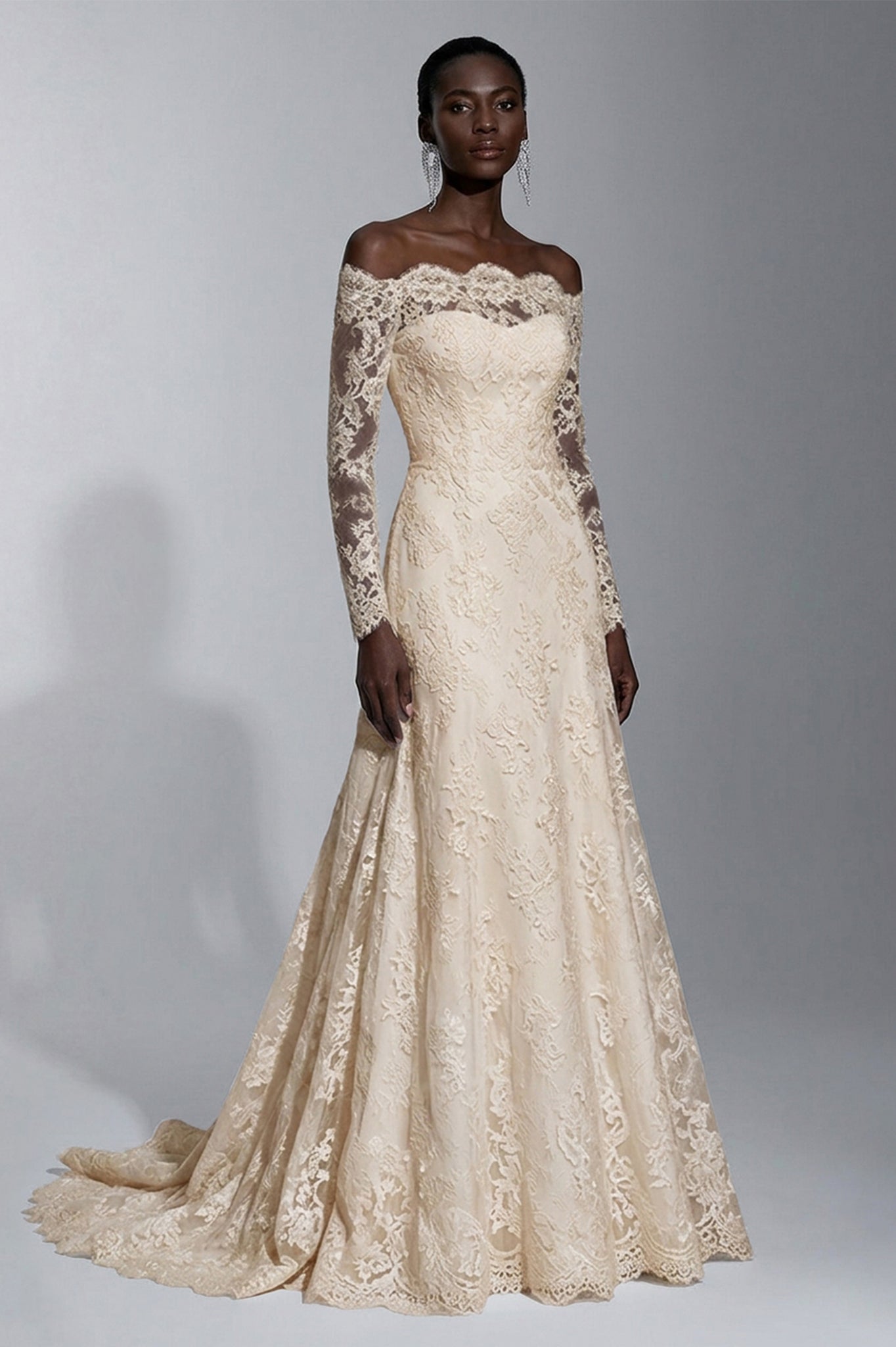 Off-the-shoulder Full/Long Sleeves Lace Bridal Wedding Dresses – Angrila
