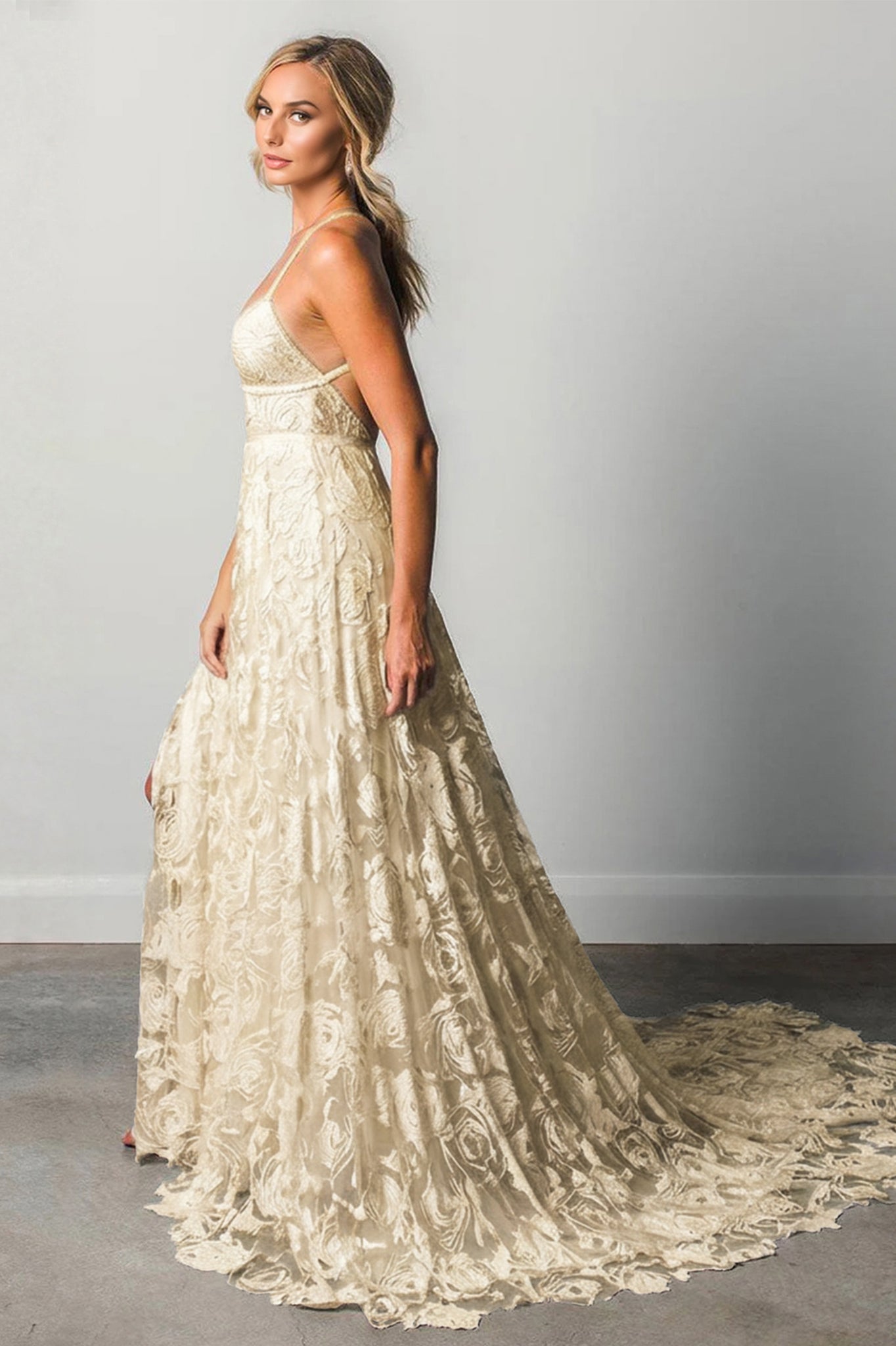 Stunning A-line Spaghetti Straps Split Lace Boho Long Beach Wedding Dr Angrila Stunning A-line Spaghetti Straps Split Lace Boho Long Beach Wedding Dr Angrila