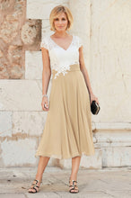 A-line V-neck Cap Sleeves Tea-length Chiffon Lace Mother of the Bride Dresses