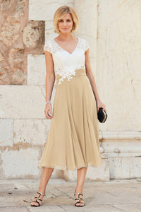 A-line V-neck Cap Sleeves Tea-length Chiffon Lace Mother of the Bride   Angrila
