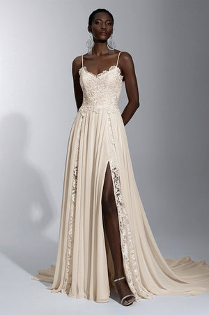 Ivory Open-Back Lace and Chiffon A-Line Wedding Dress with High Slit