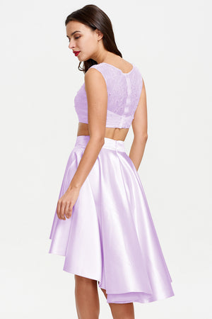 Ivory Two-Piece Lace and Satin High-Low Homecoming Dress
