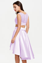 Scoop Neck Lace Appliques Two Piece High Low Satin Homecoming Dress