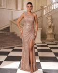 Rose Gold Ruched One-Shoulder Sequin Sheath Prom Dress with High Slit