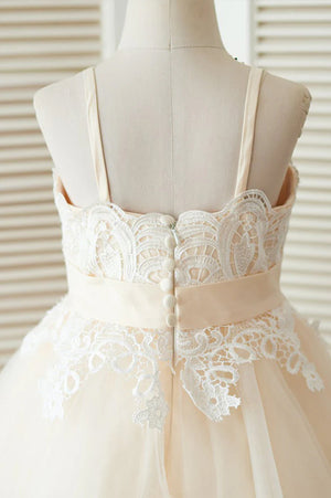 Ivory-Champagne Tulle A-Line Flower Girl Dress with Lace Bodice and Front Bow