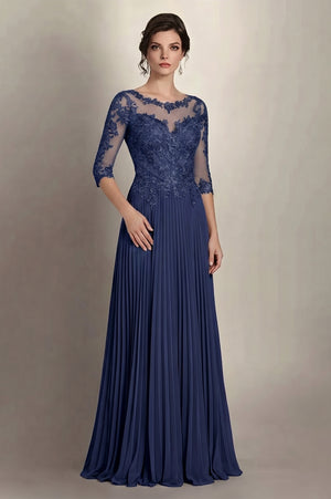 Navy 3/4-Sleeve Lace and Pleated Chiffon Mother of the Bride Gown