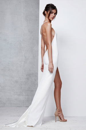 Open-Back One-Shoulder Stretch Satin Sheath Wedding Dress with Slit