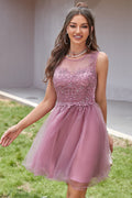 Vintage Mauve Lace-Applique Tulle Homecoming Dress with Illusion Neckline and Keyhole Back