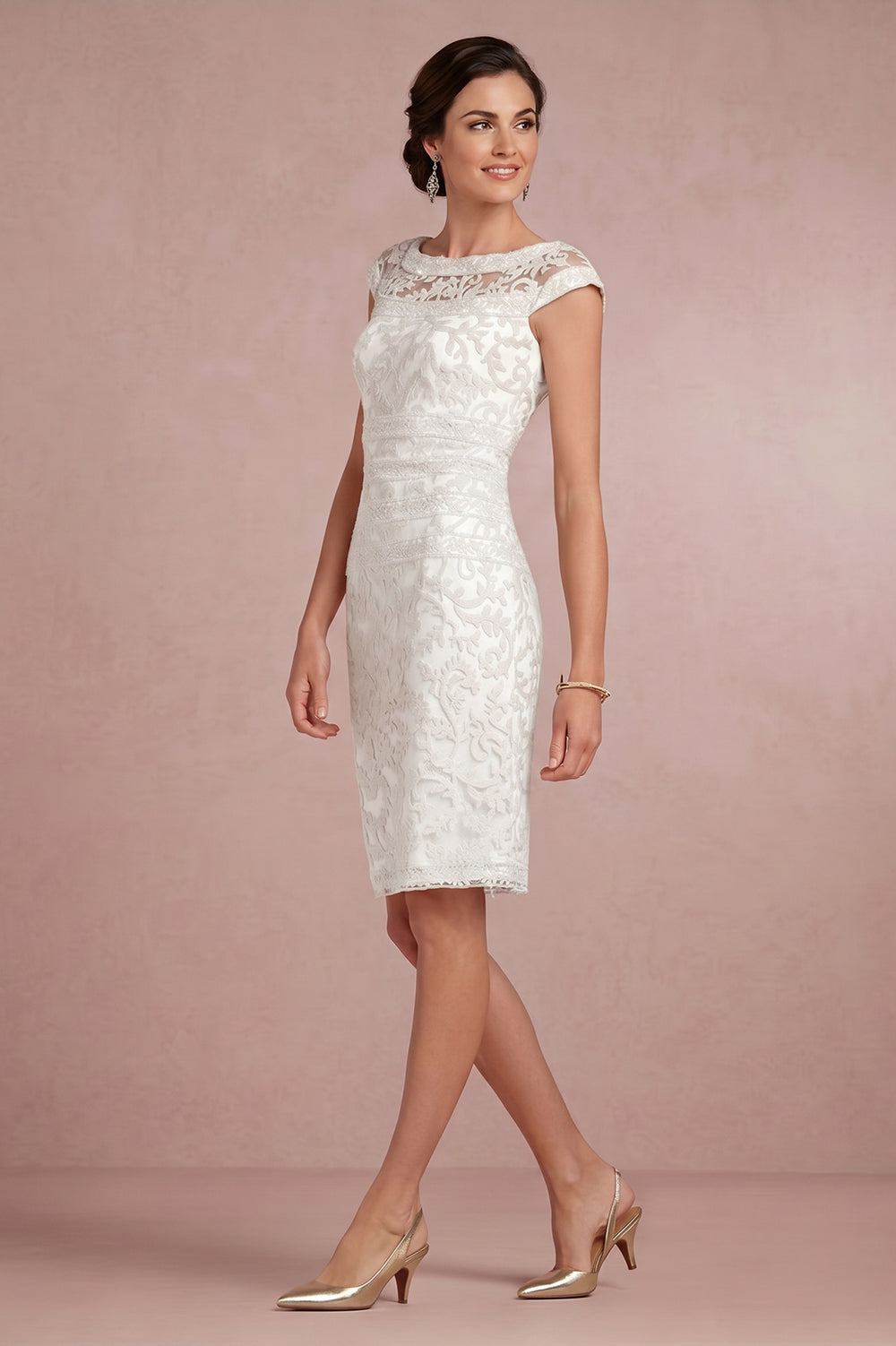 Ivory Cap-Sleeve Illusion-Neck Lace Sheath Mother of the Bride Dress