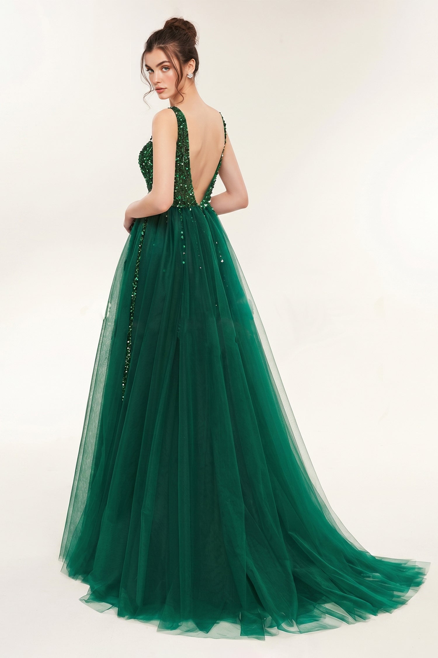 V-Neck Sequined Bodice Tulle Prom Dresses with Slit