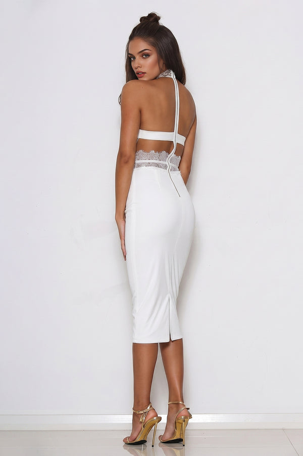 White Illusion-Back Halter Lace and Matte Satin Sheath Cocktail Dress