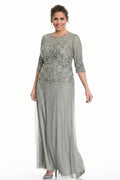 Silver Half-Sleeve Sequin and Tulle Column Mother of the Bride Gown