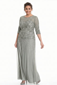 Silver Half-Sleeve Sequin and Tulle Column Mother of the Bride Gown