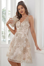 V-Neck Glitter Floral Short Homecoming Dress with Sheer Mesh Back & Satin Waistband