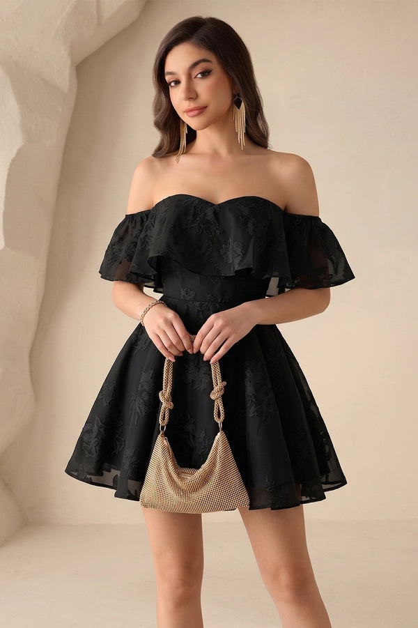 Black Off-the-Shoulder Ruffle Lace A-Line Mini Homecoming Dress