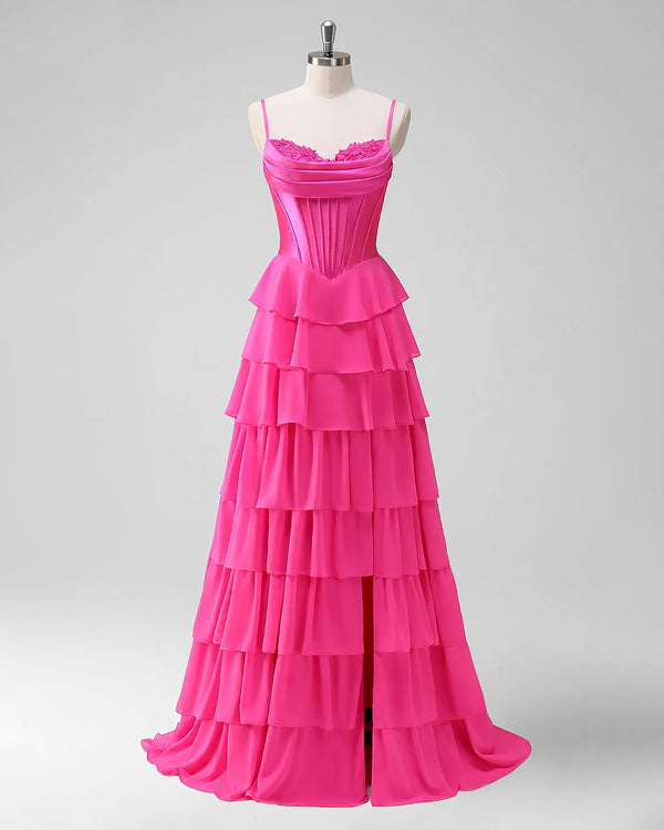 Fuchsia Tiered Ruffle Chiffon and Satin Corset Prom Dress with Lace Trim and Slit