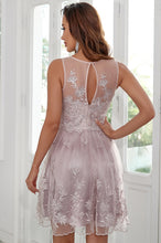Round Neck Floral Embroidered Tulle Short Homecoming Dress with Keyhole Back