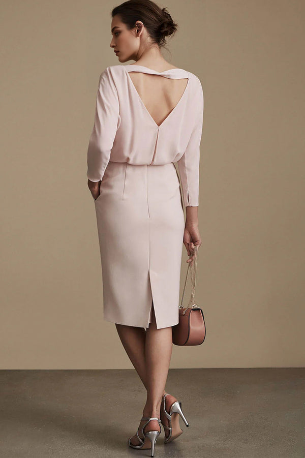 Pearl Pink 3/4-Sleeve Chiffon Sheath Cocktail Dress with Twisted Back Cutout