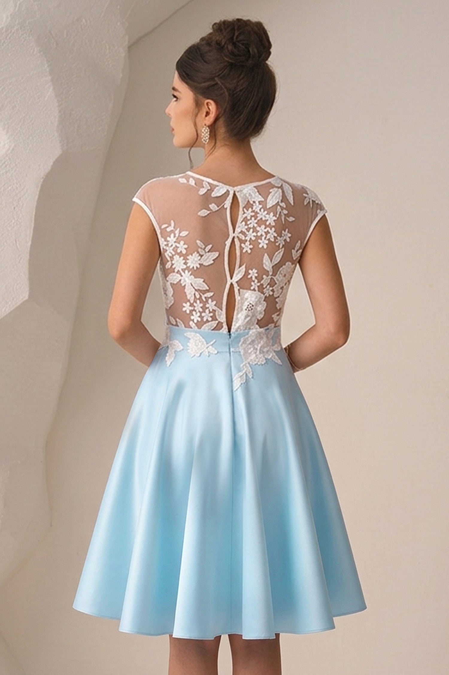 Colored A-line/Princess Cap Sleeves Short Satin & Lace Formal Prom Dresses