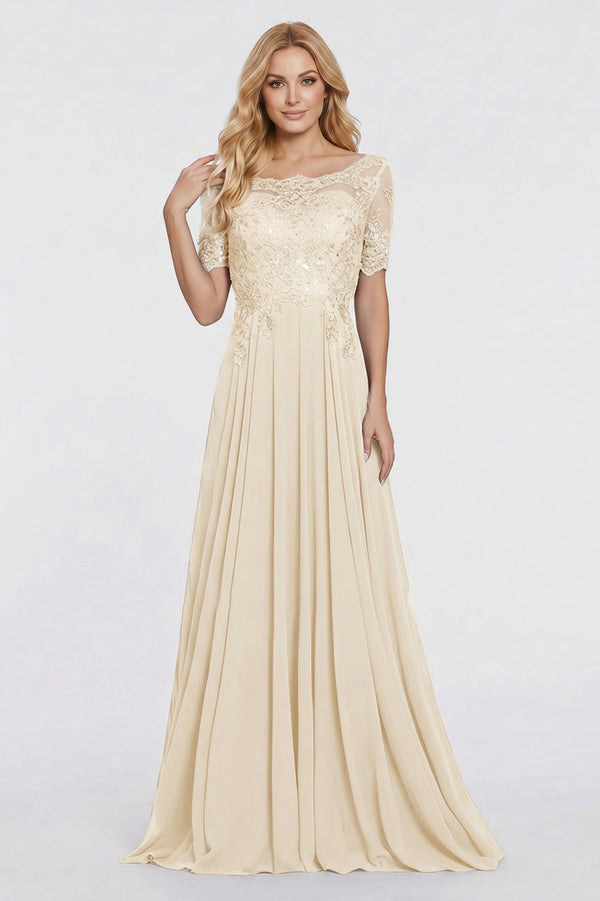 Illusion-Sleeve Lace and Chiffon A-Line Mother of the Bride Gown