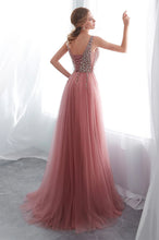 Tulle V-neck  A-line Floor-Length Sleeveless  Prom Dress With Beadings