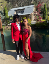 Red Strapless Corset Long Satin Evening Dresses With Slit