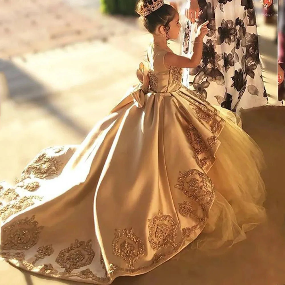 Gold Sleeveless Satin Flower Girl Dresses With Bows