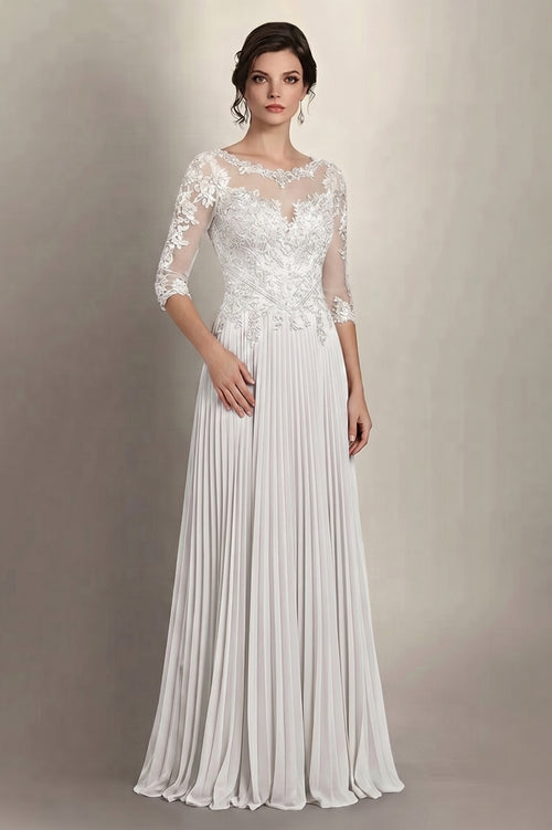 Ivory 3/4-Sleeve Lace and Pleated Chiffon Mother of the Bride Gown