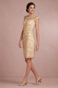 Butter Yellow Cap-Sleeve Illusion-Neck Lace Sheath Mother of the Bride Dress