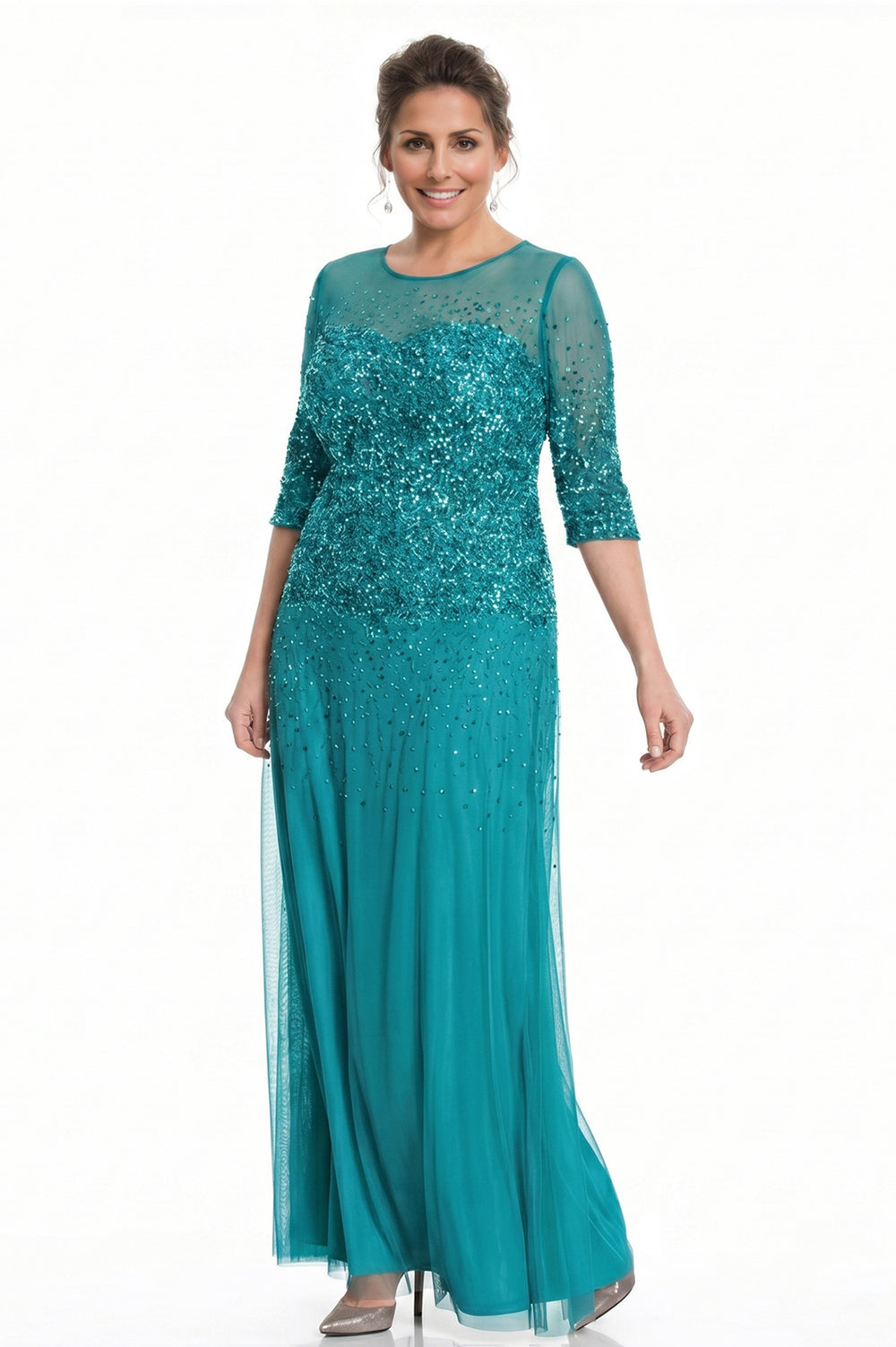 Aquamarine Half-Sleeve Sequin and Tulle Column Mother of the Bride Gown