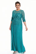 Aquamarine Half-Sleeve Sequin and Tulle Column Mother of the Bride Gown