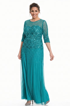 Aquamarine Half-Sleeve Sequin and Tulle Column Mother of the Bride Gown