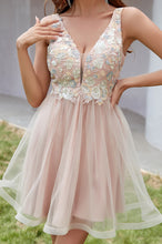 V Neck Floral Applique Tulle Short Homecoming Dress with Low V Back