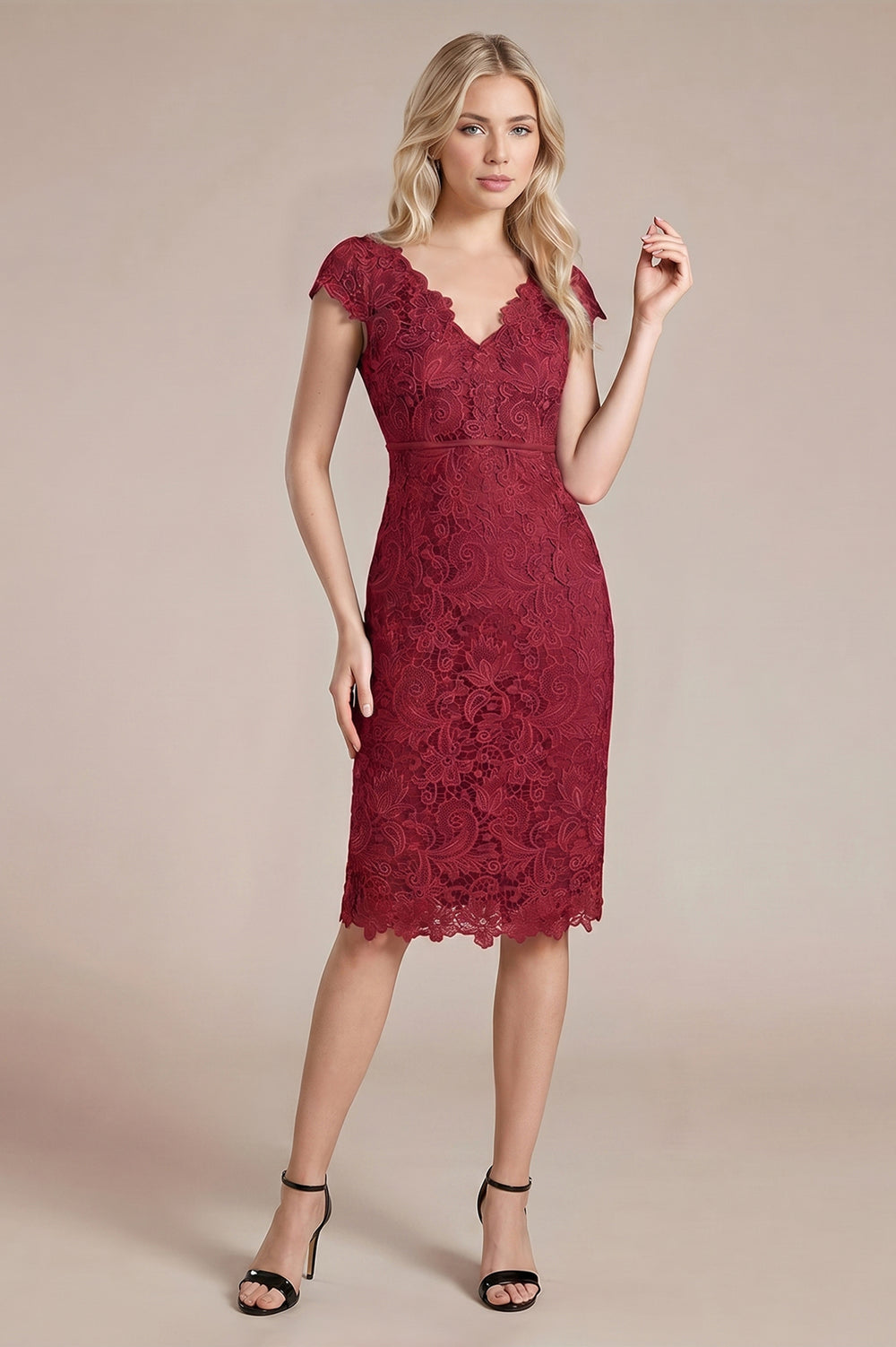 Scalloped-Hem Cap-Sleeve Lace Sheath Mother of the Bride Dress