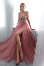 Tulle V-neck  A-line Floor-Length Sleeveless  Prom Dress With Beadings
