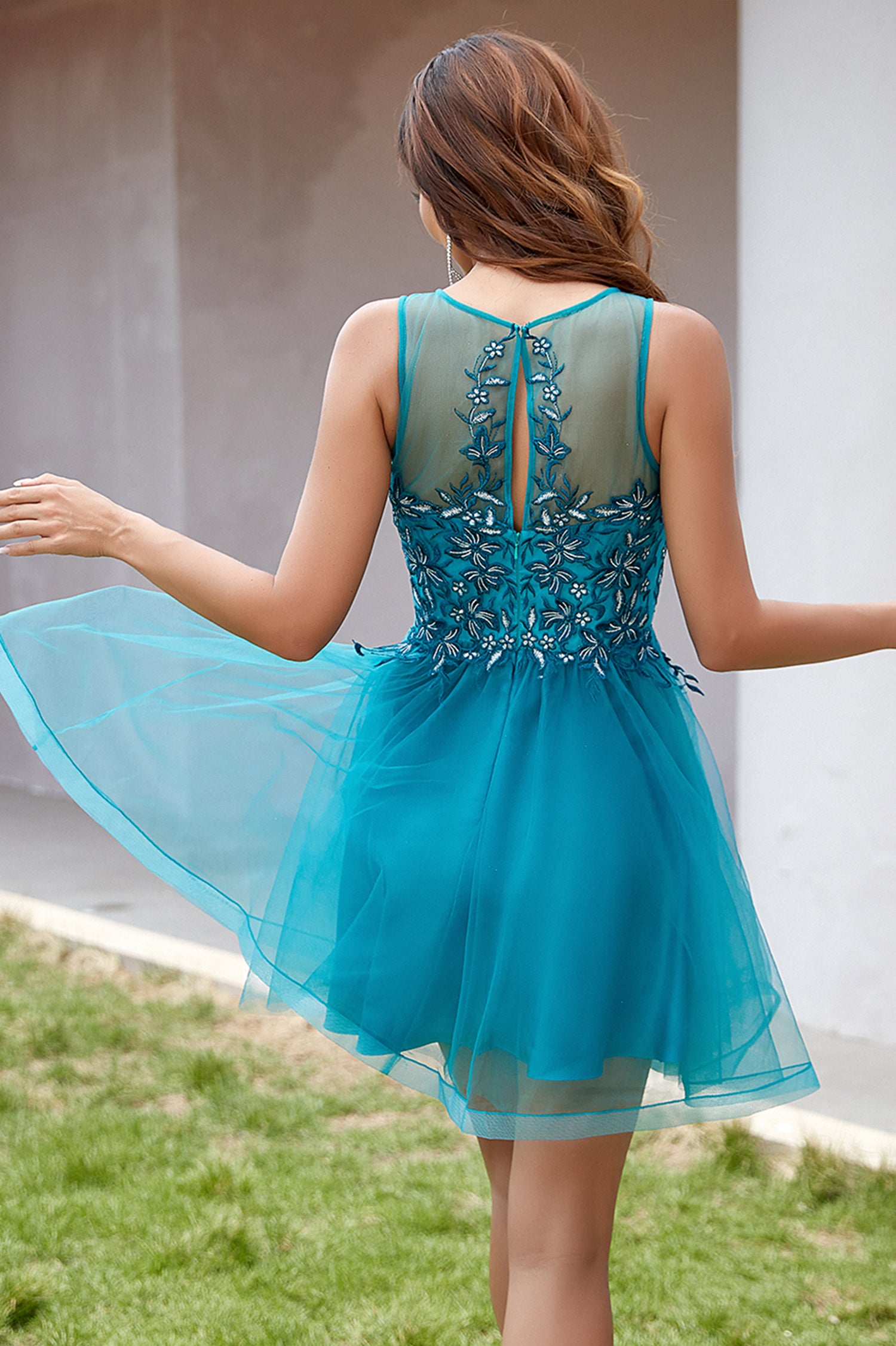 High Neck Floral Beaded Tulle Short Homecoming Dress