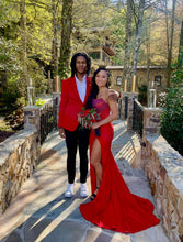 Red Strapless Corset Long Satin Evening Dresses With Slit