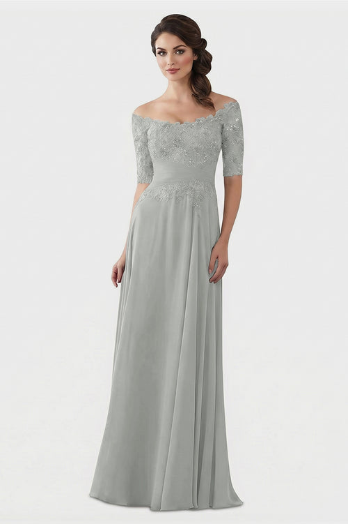 Silver Off-the-Shoulder Lace and Chiffon Mother of the Bride Gown