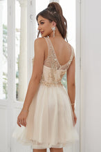 V-Neck Beaded Applique Tulle Short Homecoming Dress with Sheer Mesh Back