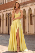 Butter Yellow Lace-Up Stretch Satin A-Line Prom Dress with High Slit