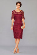 Burgundy Short Half-Sleeve Lace Sheath Mother of the Bride Dress