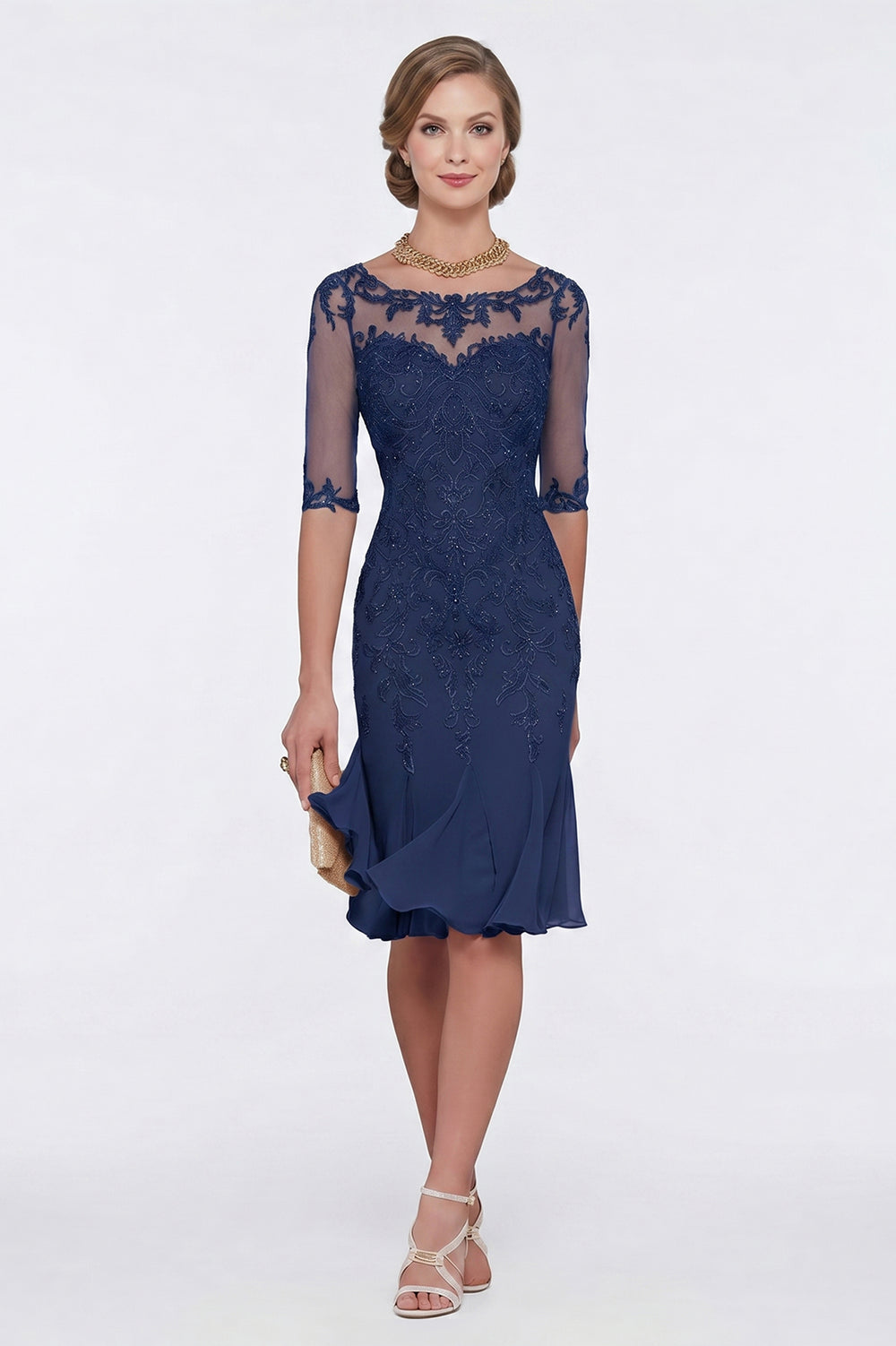Half-Sleeve Lace Sheath Mother of the Bride Dress with Chiffon Ruffle Hem