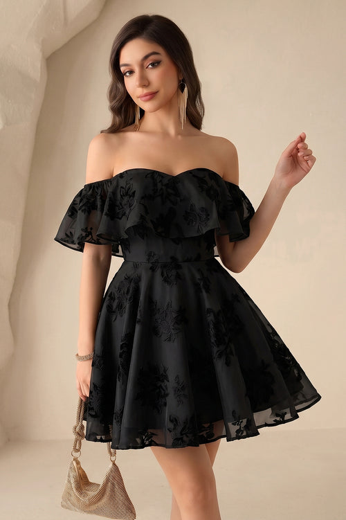 Black Off-the-Shoulder Ruffle Lace A-Line Mini Homecoming Dress