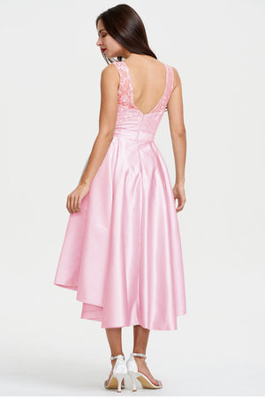 Silver High-Low Satin Cocktail Dress with Lace Bodice, Pleats and Pockets