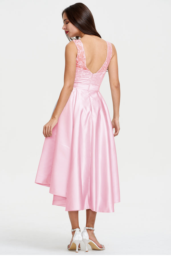 Silver High-Low Satin Cocktail Dress with Lace Bodice, Pleats and Pockets